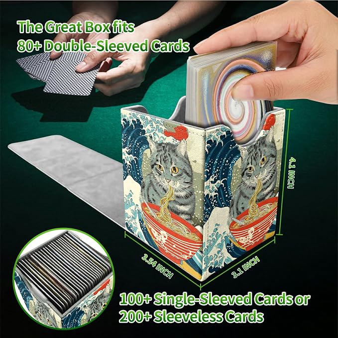 Wave Noodles Cat Card Deck Box for MTG, Personalized Card Storage Case Fits 120+ Sleeved Cards, Premium Leather TCG Box with Strong Magnetic Closure for Magic, CCG, PTCG, Baseball Cards