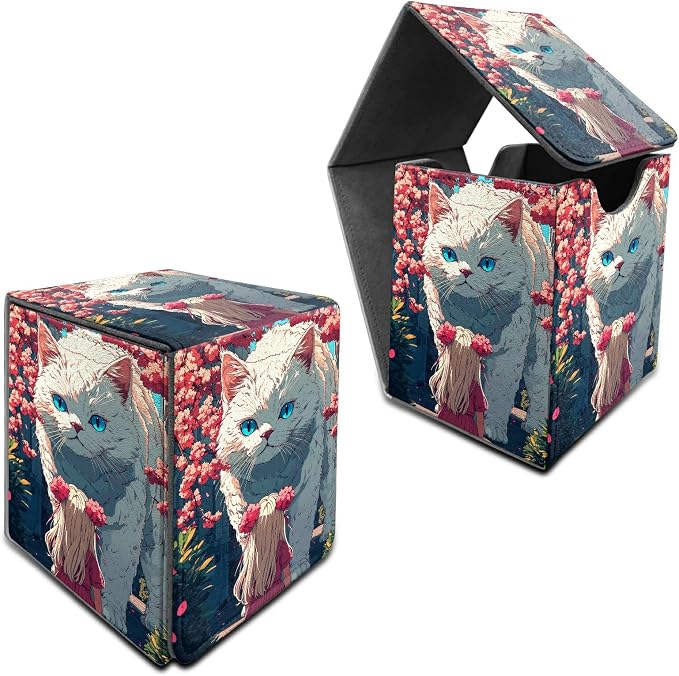 Big Cat Girl Card Deck Box for MTG, Personalized Card Storage Case Fits 120+ Sleeved Cards, Premium Leather TCG Box with Strong Magnetic Closure for Magic, CCG, PTCG, Baseball Cards