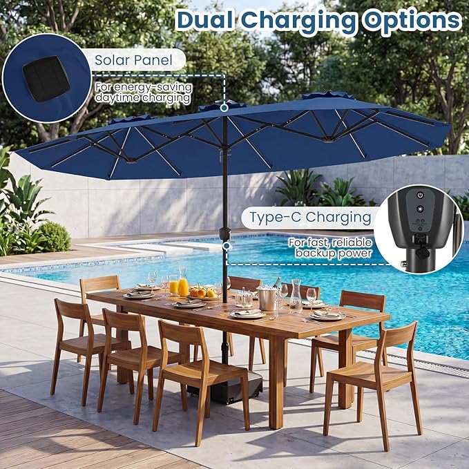 Tangkula 13 Ft Solar Patio Umbrella, Double-Sided Extra Large Outdoor Market Table Umbrella with Multi-Colored Flowing LED Lights, Crank Handle, 12 Sturdy Ribs for Poolside, Garden & Backyard (Navy)
