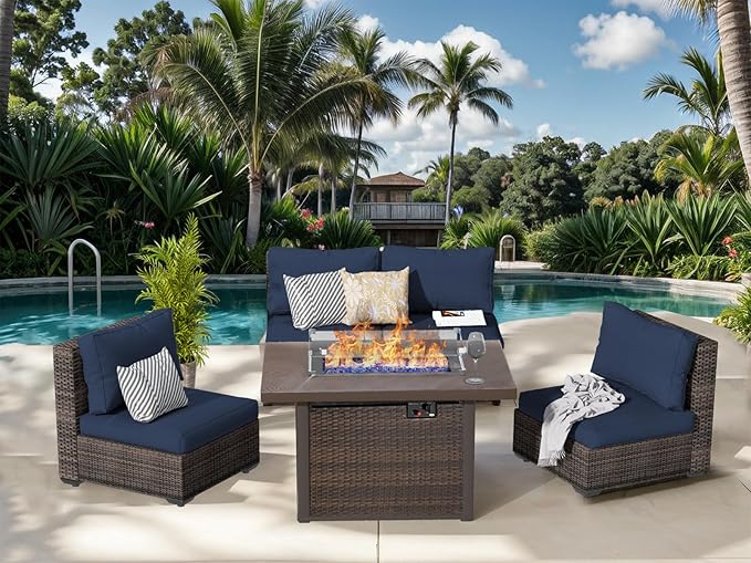 Grezone 5 Piece Patio Furniture Set with 44" Fire Pit Table, Outdoor Sectional Couch, PE Rattan Patio Conversation Sets with 4inch Cushions for Backyard Deep Blue (NY)