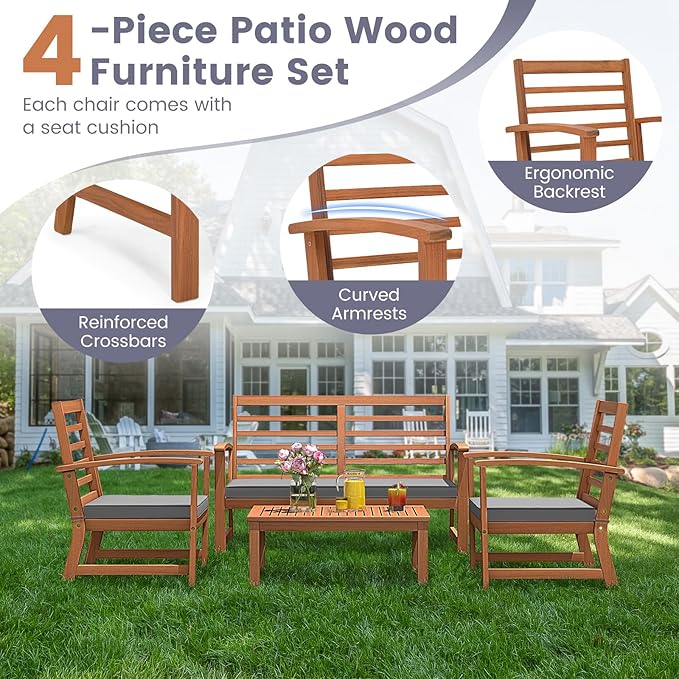 Tangkula 4 Pieces Outdoor Furniture Set, Acacia Wood Conversation Set w/Soft Seat Cushions, Stable Acacia Wood Frame, Patio Sofa & Coffee Table Set for Backyard, Porch, Poolside (Grey)