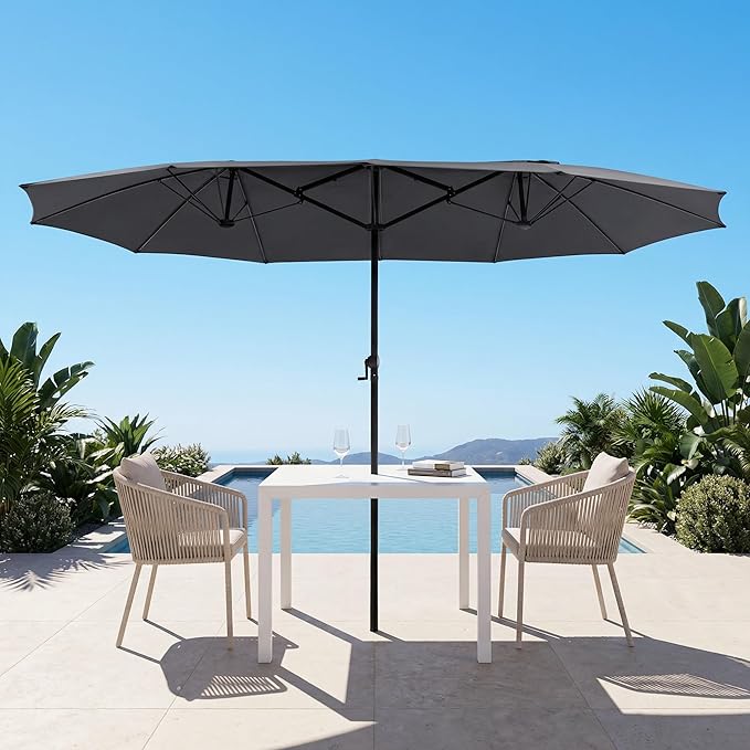 15FT Large Double Sided Patio Umbrella, Aluminum Crank and Heavy Duty Carbon Steel Ribs Outdoor Umbrellas, Fade Resistant Rectangular Market Umbrella for Poolside, Deck, Commercial, Backyard, Patio, Rental, Lawn, Dark Gray