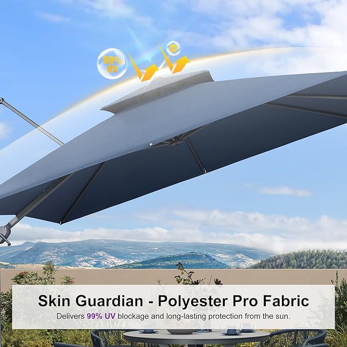 PURPLE LEAF 10 FT Cantilever Patio Umbrella Outdoor Umbrella with 220lbs Base Large Square Windproof Offset Umbrella for Pool Deck Garden, Ocean Slate
