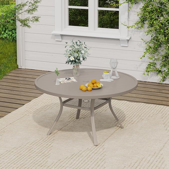 VICLLAX 47.2" Round Patio Table, Outdoor Dining Table for 6 with Umbrella Hole for Garden Lawn Deck Backyard, Sandshell