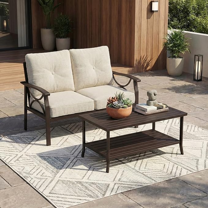 RoyalCraft Outdoor Patio Furniture Set, 2 Piece Patio Conversation Set, Metal Furniture Set with Loveseat for Porch Backyard, Khaki Metal Chair with Beige Cushions