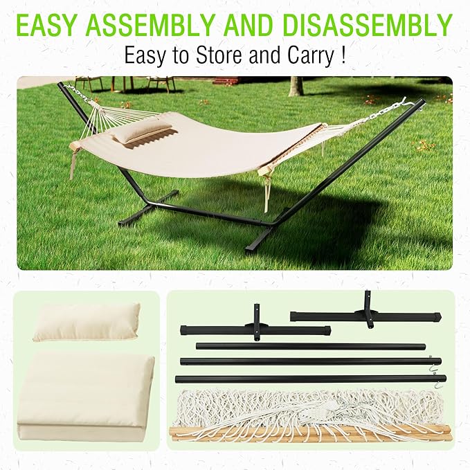 MUPATER 12FT Double Hammock with Stand Included, 2 Person Outdoor Quilted Hammock with Stand, Rope with Pad and Pillow, hamacas para adultos, White
