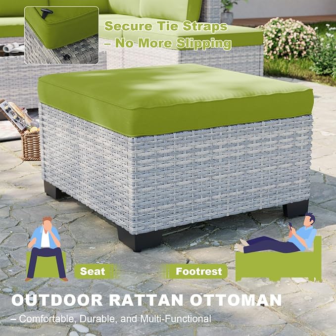 13-Piece Patio Furniture Set, Outdoor Patio Furniture with Swivel Chairs Set, Ottomans, 55,000 BTU Fire Pit Table, Modular Patio Sofa, Dual-Strand Rattan, Rust-Resistant Frame, Grass Green