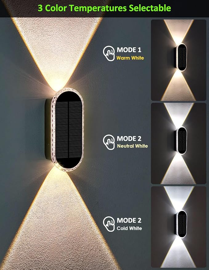 Solar Fence Lights Outdoor, 3000K/4000K/6000K 3 Modes Solar Wall Lights Outdoor Waterproof, Up&Down Dual-Head Outdoor Solar Lights for Yard House Fence Backyard Deck Garden Patio Porch, 6 PK