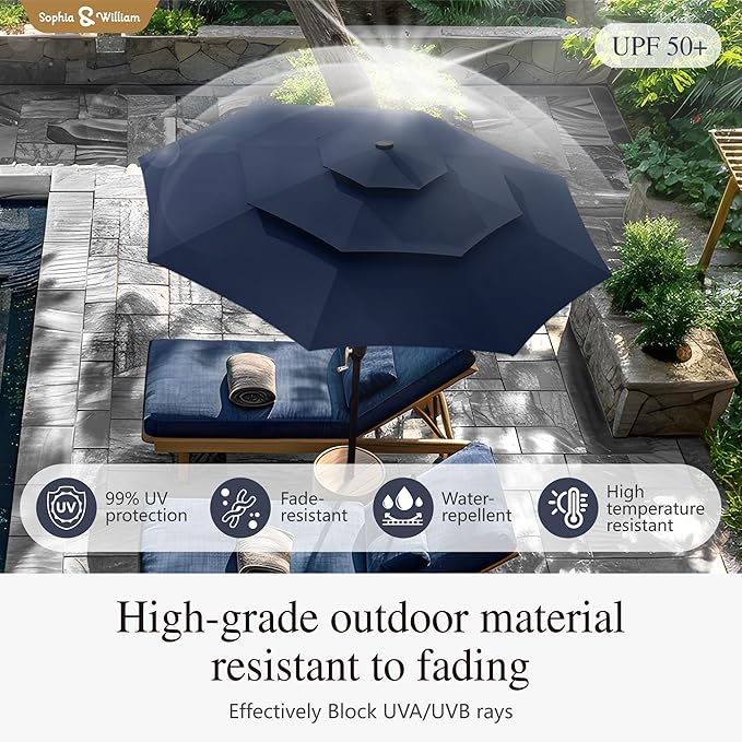 Sophia & William 10ft Patio Umbrellas 3-Tier Umbrella Outdoor Patio Umbrellas with Lights Vented Top 24 LED lights Adjustable Tilt for Pool Garden Backyard, Navy
