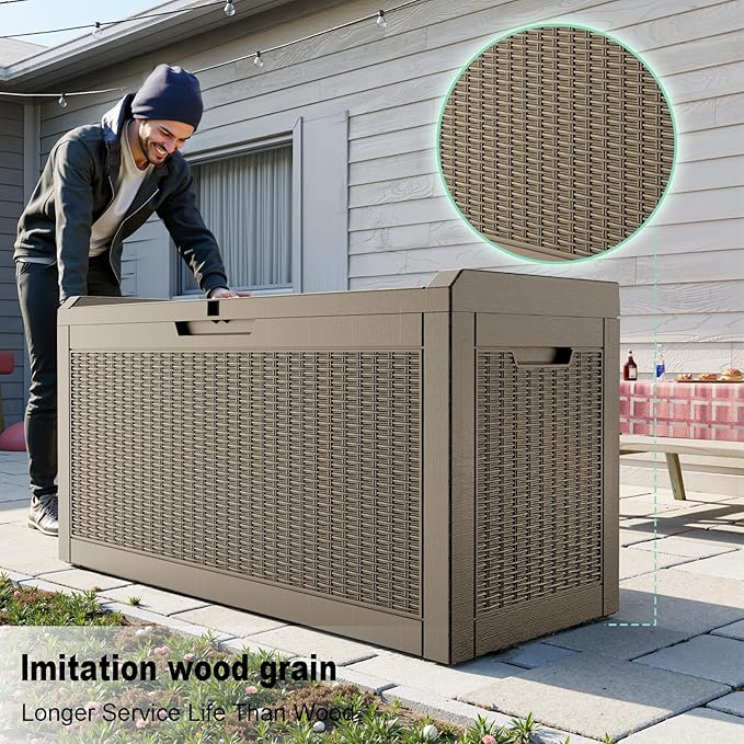 ROJIK Outdoor Storage Box, 80 Gallon Waterproof Deck Box, Weatherproof Resin Outside Storage Bin for Patio Furniture, Garden Tools, Pool Accessories, Cushion, Grey