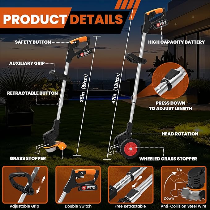 Electric Weed Wacker Cordless Weed Eater 21V Battery Powered No String Trimmer,3 in 1 Lightweight Portable Edger Grass Trimmer/Brush Cutter/Lawn Mower with 4 Types Blades & Wheels for Yard and Garden