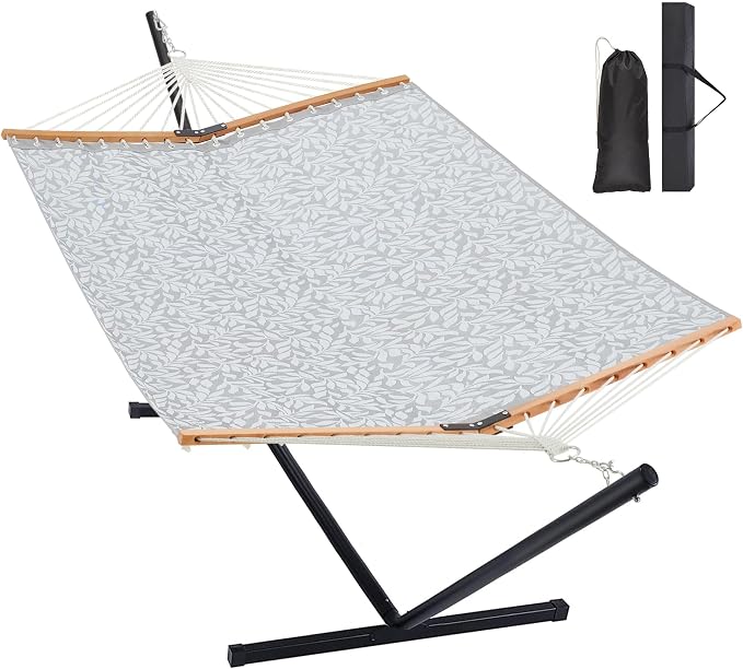 Homgava Two Person Hammock with Stand for Outside Heavy Duty, Outdoor Patio Hammock with Portable Steel Stand, Large Double Hammocks with Quick Dry Textilene Fabric,480lbs Capacity(White Grey)