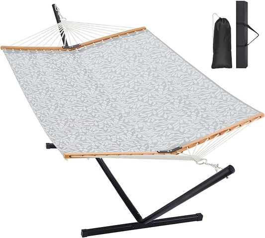 Homgava Two Person Hammock with Stand for Outside Heavy Duty, Outdoor Patio Hammock with Portable Steel Stand, Large Double Hammocks with Quick Dry Textilene Fabric,480lbs Capacity(White Grey)