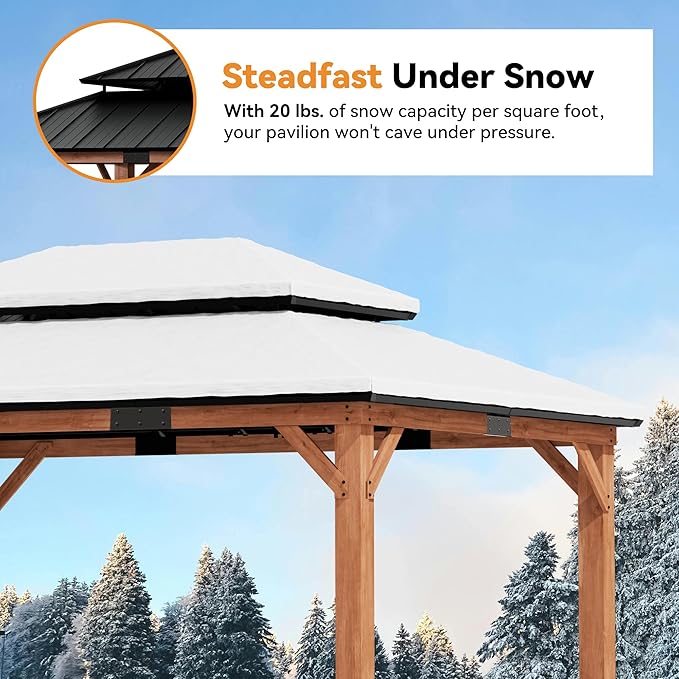 Modern Shade Rosewood Wood Gazebo 12' x 16', Hardtop Gazebo Permanent with Double Galvanized Steel Roof, Cedar Outdoor Gazebo with Sturdy Hooks for Garden, Backyard, Patio, and Deck