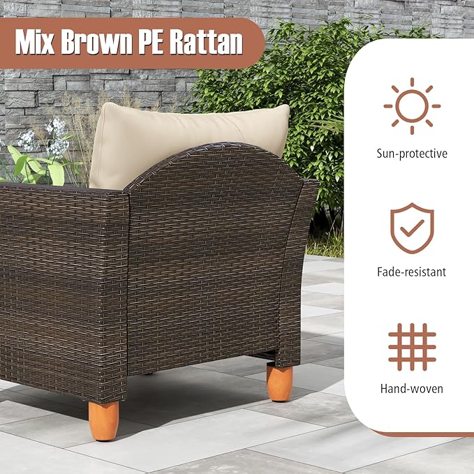 Tangkula 3 Piece Patio Furniture Set, Patiojoy Outdoor PE Wicker Bistro Set with Soft Cushions and Solid Acacia Wood, Outdoor Conversation Set with Porch, Balcony and Garden