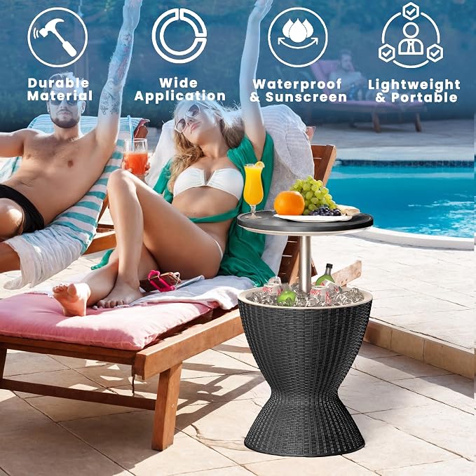 Outdoor Cooler Table – Adjustable Height with Built-in Ice Cooler Side Table, Resin Cool Bar for Patio, Party, Pool, Garden(Black)