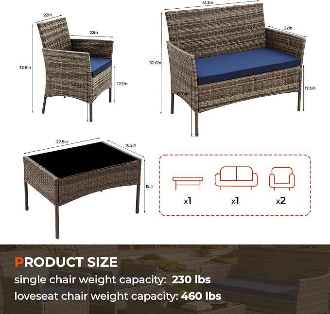 4 Pieces Outdoor Patio Furniture Set, Wicker Patio Conversation Set with Tea Table, All-Weather Outside Rattan Sectional Sofa for Backyard, Poolside, Garden, Balcony, Brown/Navy