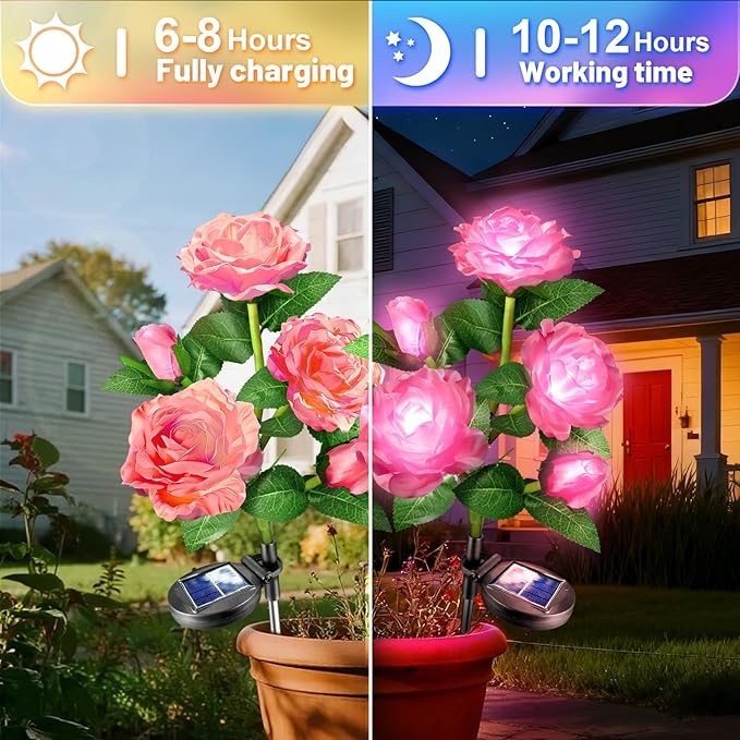 Anordsem Solar Garden Lights Outdoor: 10 Artificial Fabric Pink Roses Flowers 2 Pack- LED Flower Decorations for Cemetery Grave Pathway Yard- Mothers Day Gifts for Women, Wife and Mother