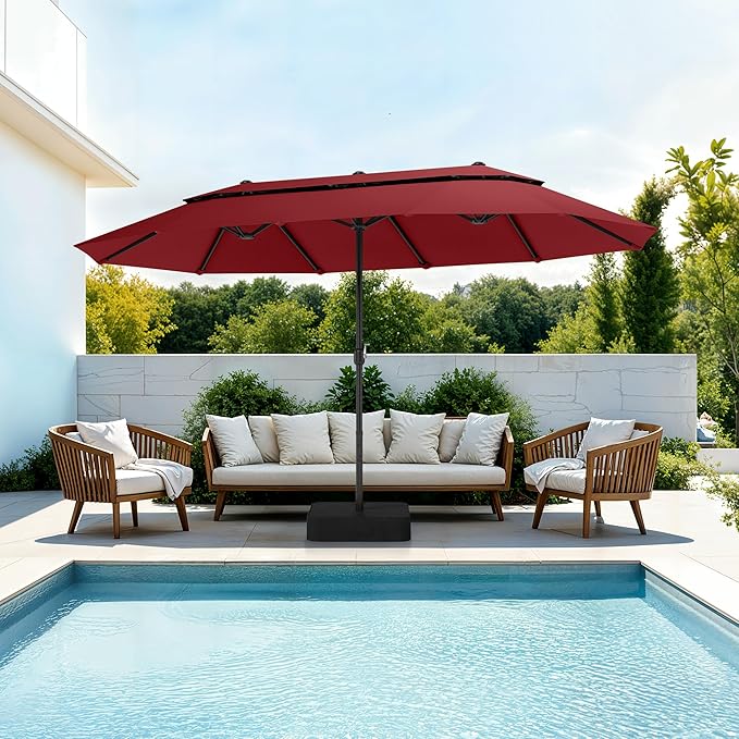 PHI VILLA 15ft Large Patio Umbrellas with Base Included, 2-Tier Outdoor Double-Sided Rectangle Market Umbrella with Stand, Outside Umbrellas for Poolside Lawn Backyard, Wine Red