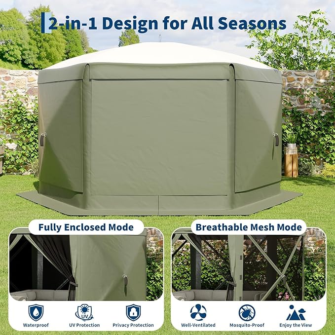 GarveeLife 11.5x11.5FT 6-Sided Pop Up Gazebo Tent，One-Push Setup Canopy Tent with Mesh Panels & Removable Wind Cloths, Outdoor shelter for Camping, Backyard Parties, Outdoor Events - Army Green