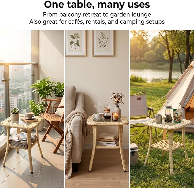 Outdoor Wicker Patio Side Table with Tempered Glass Top, 2-Tier Patio End Table with Storage Shelf, All-Weather PE Rattan Small Patio Table for Balcony, Backyard, Garden, Porch