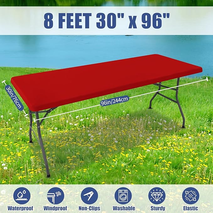 Moosfor Spandex 8 Foot Rectangle Christmas Table Cloth 2 Pack, Elastic Fitted Tablecloths for Picnic, Stretch Washable Patio Table Cover for Outdoor, Camping, Banquet and Parties (Red, 30"x96")