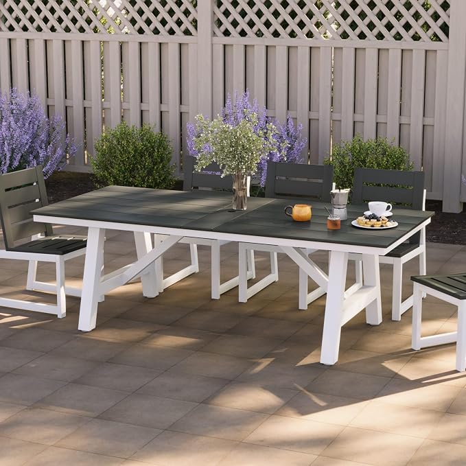 WestinTrends Cape May 90" HDPE Rectangle Outdoor Patio Dining Table with Umbrella Hole and Metal Frame, Gray