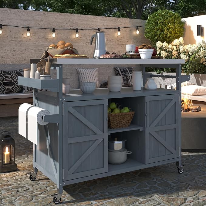 Large Outdoor Rolling Patio Bar Table Cart, Outdoor Kitchen Island Cart Grill Table, Farmhouse Solid Wood Outdoor Serving Cart Prep Table with Stainless Steel Top for Grill/Kitchen, Grey Blue