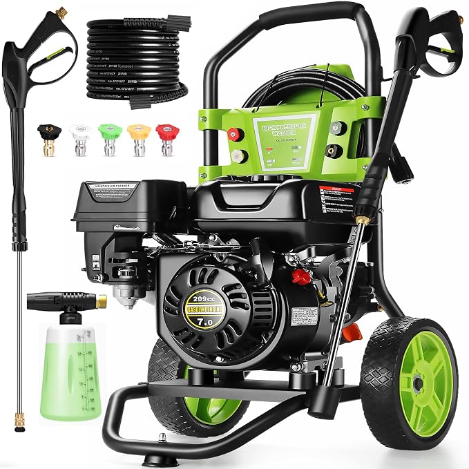 Professional 4200PSI 4GPM 209CC Gas Pressure Washer, 7.0HP Heavy-Duty 3600RPM Commercial Gas Power Washer with 750ML Foam Bottle 8" Wheels 5 Nozzles 25FT Hose (EPA/CARB/ETL Compliant), Green