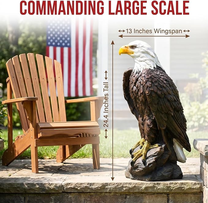 24.4" Large Standing Bald Eagle Statue, Brown | Hand-Painted Resin, American Eagle Sculpture, Outdoor Lawn Yard Decor, For Home Patio Courtyard