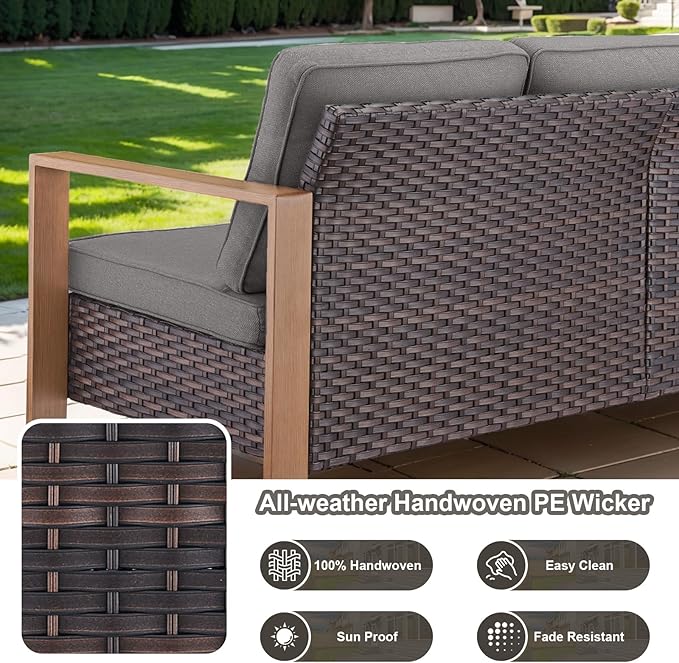 Belord 5 Piece Outdoor Wicker Patio Conversation Furniture Set Deep Seating, Metal Wide Armrests Patio Sofa Set with Rattan Chairs Ottomans for Porch Deck Sunroom Backyard