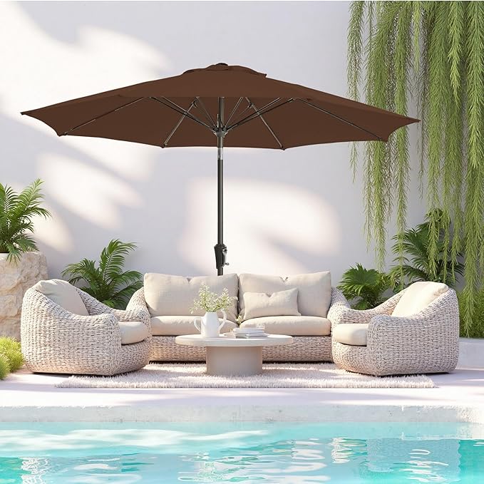 9FT Large Outdoor Patio Umbrella Pool Market Umbrella-UV Resistant, Easy Push Button Tilt and Crank, 8 Sturdy Ribs Heavy-Duty Table Umbrella for Deck, Backyard, Garden (Brown)