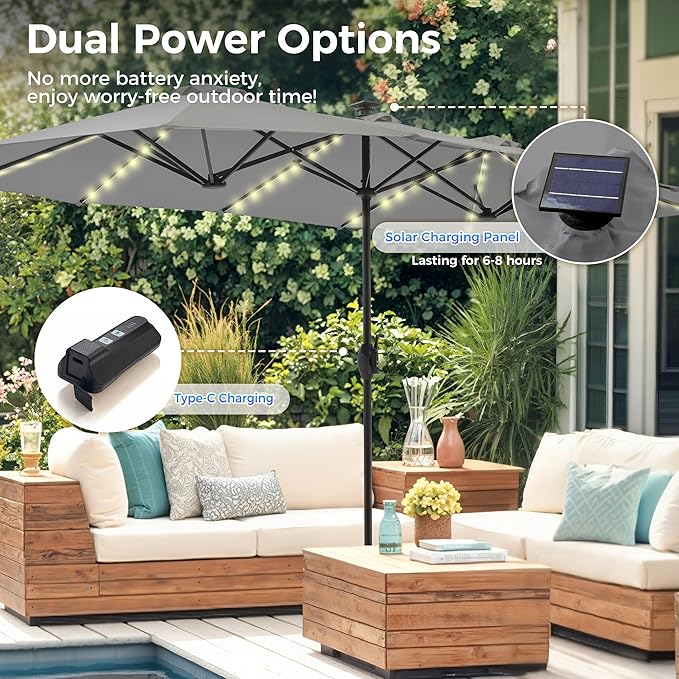 SUPERJARE 13ft Outdoor Patio Umbrella with Solar Lights, Double-sided Deck Pool Umbrella with 1.5 Inch Pole, Fade Resistant Canopy, 12 Sturdy Ribs, for Porch, Market, Backyard, Grey (No Base)