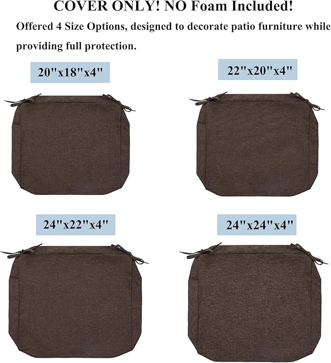 FUNHOME Outdoor Chair Cushion Covers 2 Pack, No Insert! Patio Cushion Covers Replacement 20" x 18" x 4", Water Resistant Patio Chair Cushion Slipcovers, Brown(Covers ONLY)