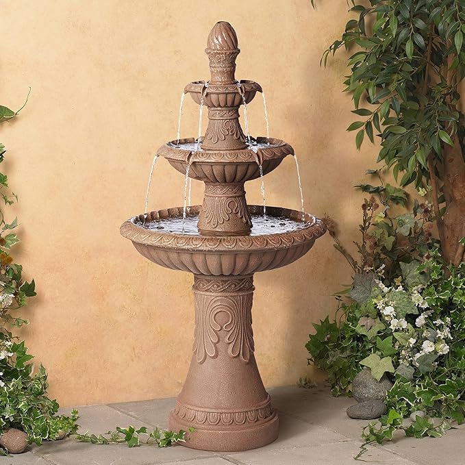Santa Cruz 45 3/4" High Large Italian Outdoor Decor Faux Stone Floor Fountain with Light LED Waterfall 3-Tier Standing Basin Water Feature for Outside Garden Patio Yard Backyard - John Timberland