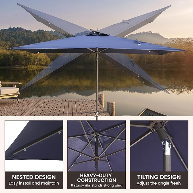MONDAWE Rectangular Market Umbrella with Lights 10 x 6.5 FT Outdoor Solar LED Patio Umbrella Tilt and Crank Aluminum Commercial Table Umbrella for Pool Backyard Balcony