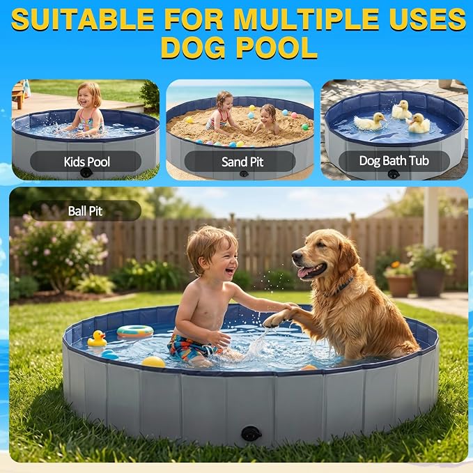 Eooqi Foldable Dog Pool, Collapsible Pet Bath Tub & Kiddie Wading Pool, Portable Hard-Side Dog Swimming Pool for Puppies, Small & Medium Dogs, Cats and Kids (Gray, 39.5"-M)