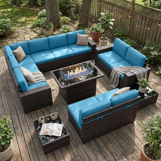 LayinSun 13 Pieces Outdoor Patio Furniture Set with 44" Fire Pit Table Brown Rattan Sectional Sofa Conversation Sets