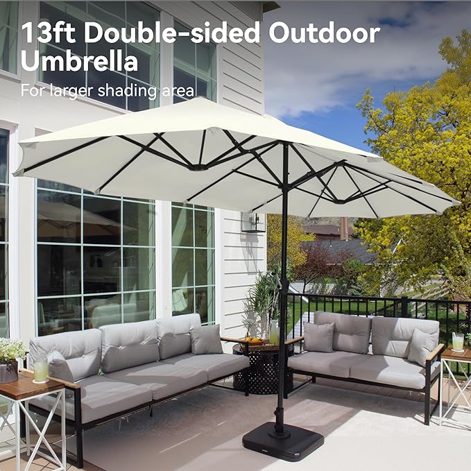 PHI VILLA 13ft Large Patio Umbrellas, Double-Sided Outdoor Market Rectangle Umbrella for Outside, Ivory