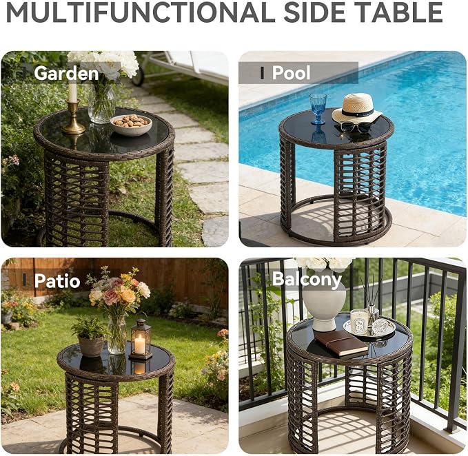 Patio Rattan Side Table - Outdoor Wicker Fashionable Side Table, Round End Table with Glass Table Top for Garden, Backyard, Porch, Deck, Black Gold