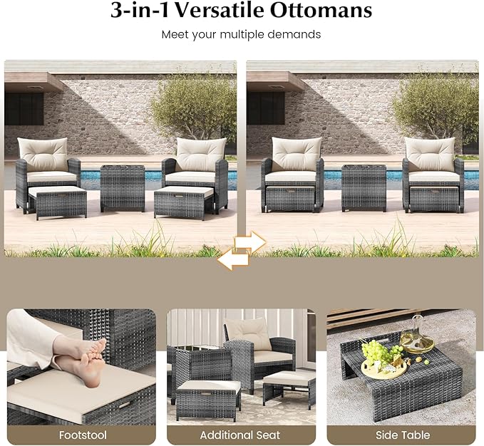 Tangkula 5 Pieces Patio Conversation Set, PE Wicker Rattan Outdoor Furniture Set with 2 Chairs, 2 Ottomans & Tempered Glass Coffee Table, Ideal for Poolside, Backyard, Lawn, Deck, Mix Grey & Off White