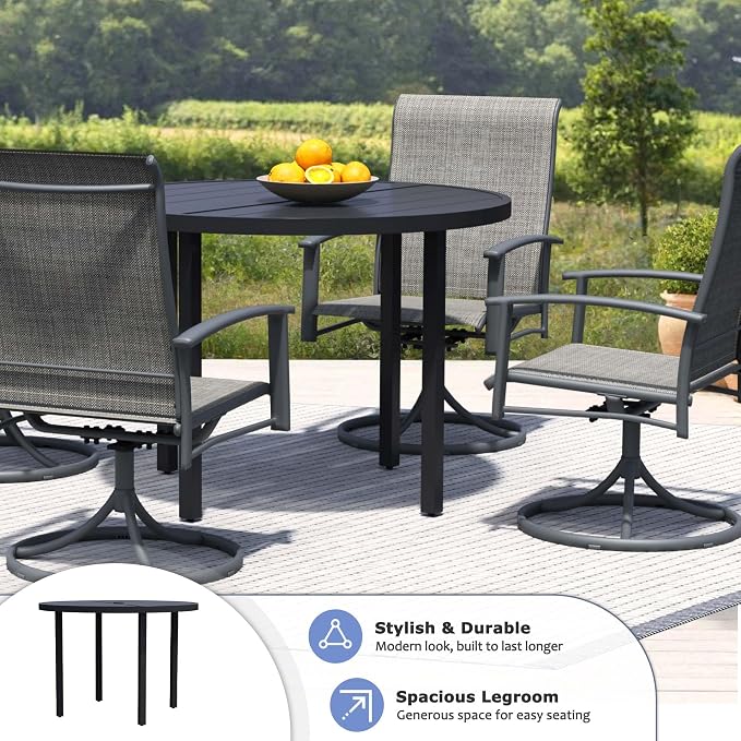60" Round Patio Dining Table for 8, All-Weather Metal Patio Table with Umbrella Hole, Outdoor Round Dining Table for Lawn Garden Porch, Black