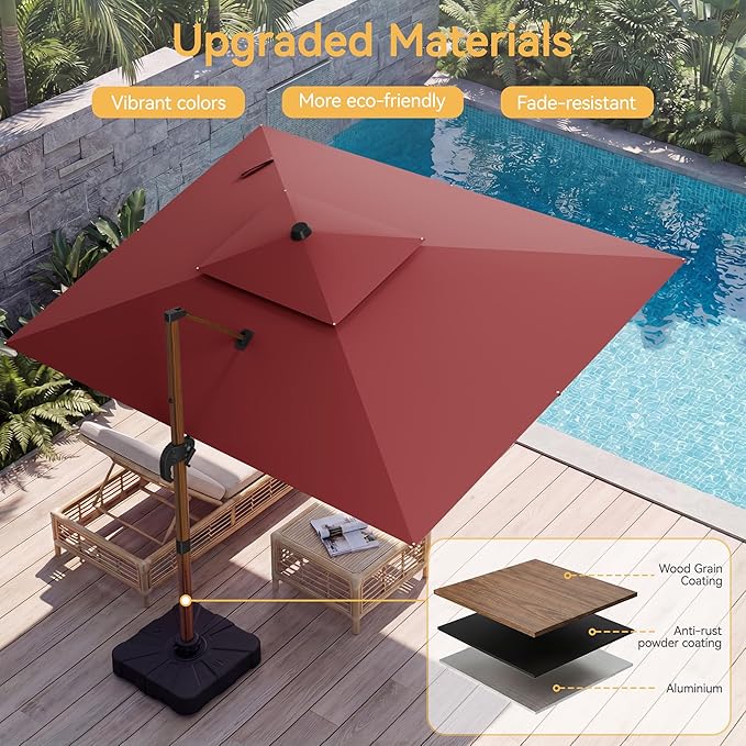 10x13 FT Wood Pattern Patio Umbrella, Large Deluxe Cantilever Rectangular Double Top Heavy Duty Offset Umbrellas with 360° Rotation, Outdoor shade for Garden Deck Pool Patio, Red