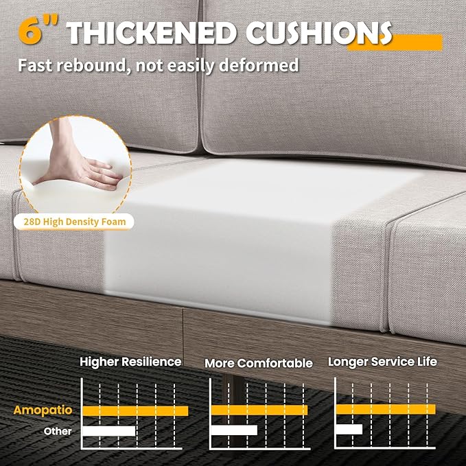 Amopatio Aluminum Patio Furniture Set, 6 Pieces Modern Metal Outdoor Furniture, Faux Wood Grain Finish Frame Patio Sofa Sets with 6" Cushion for Backyard, Beige