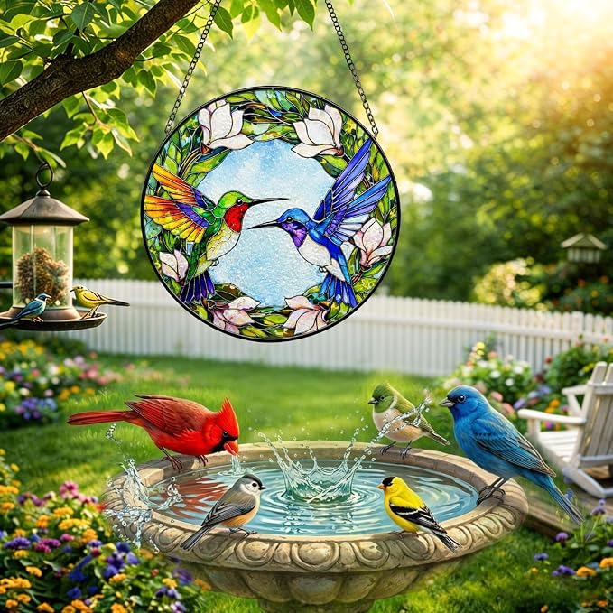 Stained Glass Window Hanging - Colorful Hummingbirds Suncatcher for Windows Doors Home Decor, Hummingbird Magnolia Flowers Sun Catcher Gift for Women Mom Nana Bird Lovers Christmas Mother's Day 7.8 in