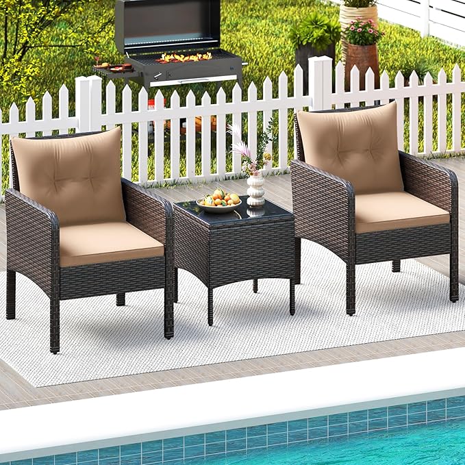 HAPPYGRILL 3 Piece Patio Bistro Set Rattan Wicker Outdoor Conversation Set with Cushions and Coffee Table, Outside Furniture with Rattan Chairs for Porch, Balcony, Deck and Garden (Beige)