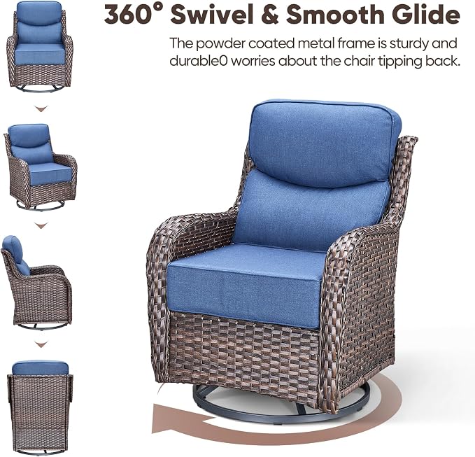 Swivel Patio Chairs sofa Set of 4 with 6" Thick Cushion - Wicker Outdoor Swivel Rocker Patio Chair with Side Table, High Back Comfortable Outdoor Glider Chairs - Brown Wicker | Blue Cushions