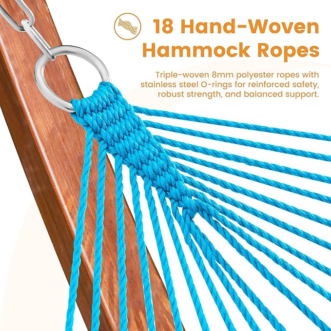 Lazy Daze Hammocks 10.5 FT Double 2 Person Caribbean Rope Hammock, Hand Woven Polyester Hammock with Spreader Bars, for Outside Outdoor Backyard Patio Poolside, 450 LBS Capacity, Blue/SkyBlue