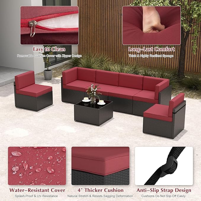 7-Piece Outdoor Patio Furniture Set, Patio Conversation Set, Patio Sectional Sofa Set with Coffee Table & Cushion for Backyard, Balcony, Garden, No-Slip, PE Wicker, Wine Red/Brown