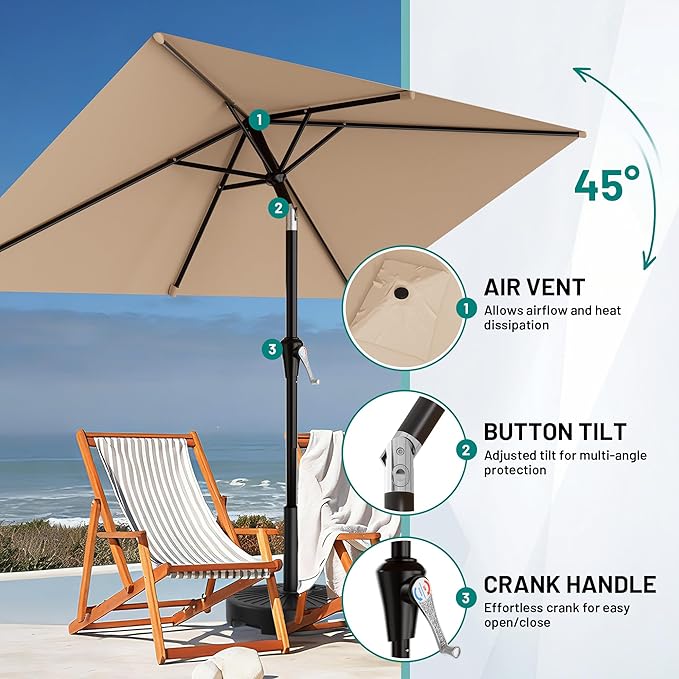 AreShark 6.5' x 10' Rectangular Patio Umbrellas for Outdoor, Outdoor Table Umbrella, Large Outdoor Patio Umbrellas with 6 Sturdy Ribs for Pool, Garden, Deck & Market (Beige)